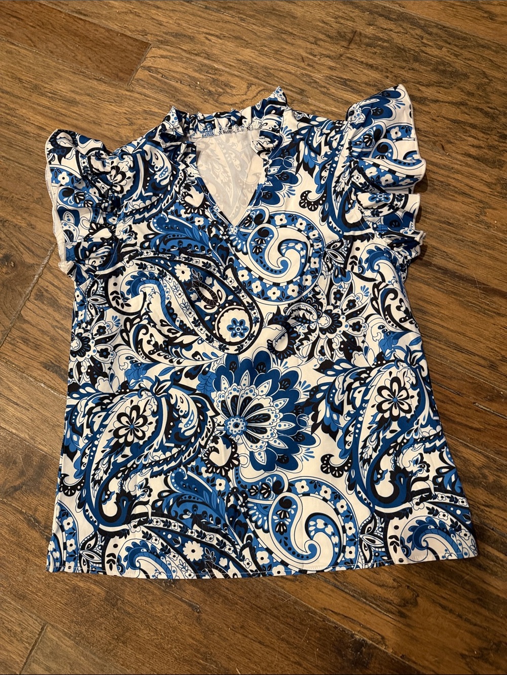 Royal Blue & White Paisley Ruffle Sleeve Top